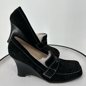 AMANDA SMITH NWOT CHOCOLATE BROWN LEATHER SUEDE WEDGES SLIP ON‎